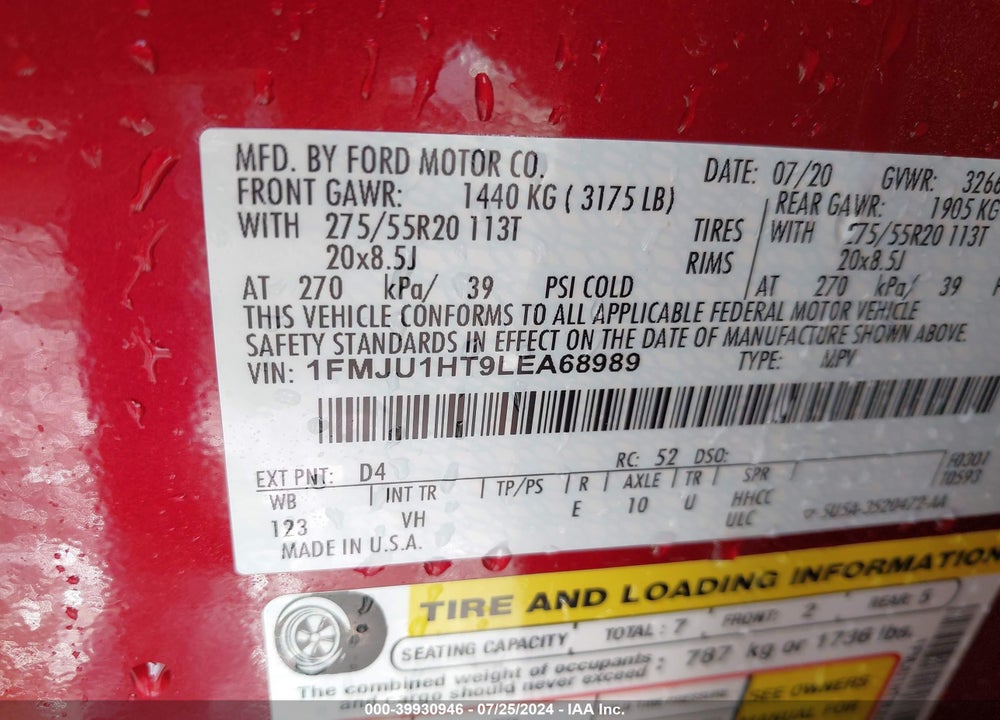 2020 FORD EXPEDITION XLT VIN: 1FMJU1HT9LEA68989
