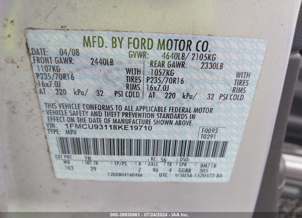 2008 FORD ESCAPE XLT VIN: 1FMCU93118KE19710