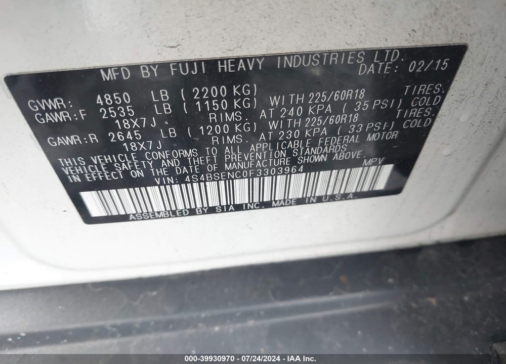 2015 SUBARU OUTBACK 3.6R LIMITED VIN: 4S4BSENC0F3303964