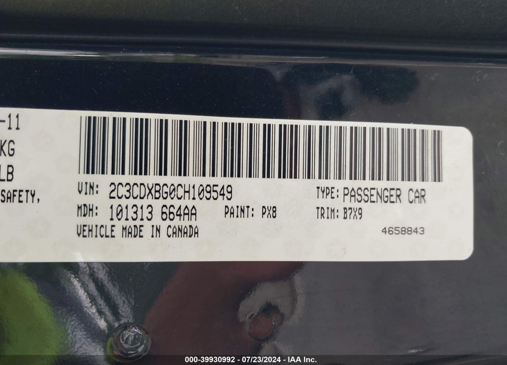 2012 DODGE CHARGER SE VIN: 2C3CDXBG0CH109549