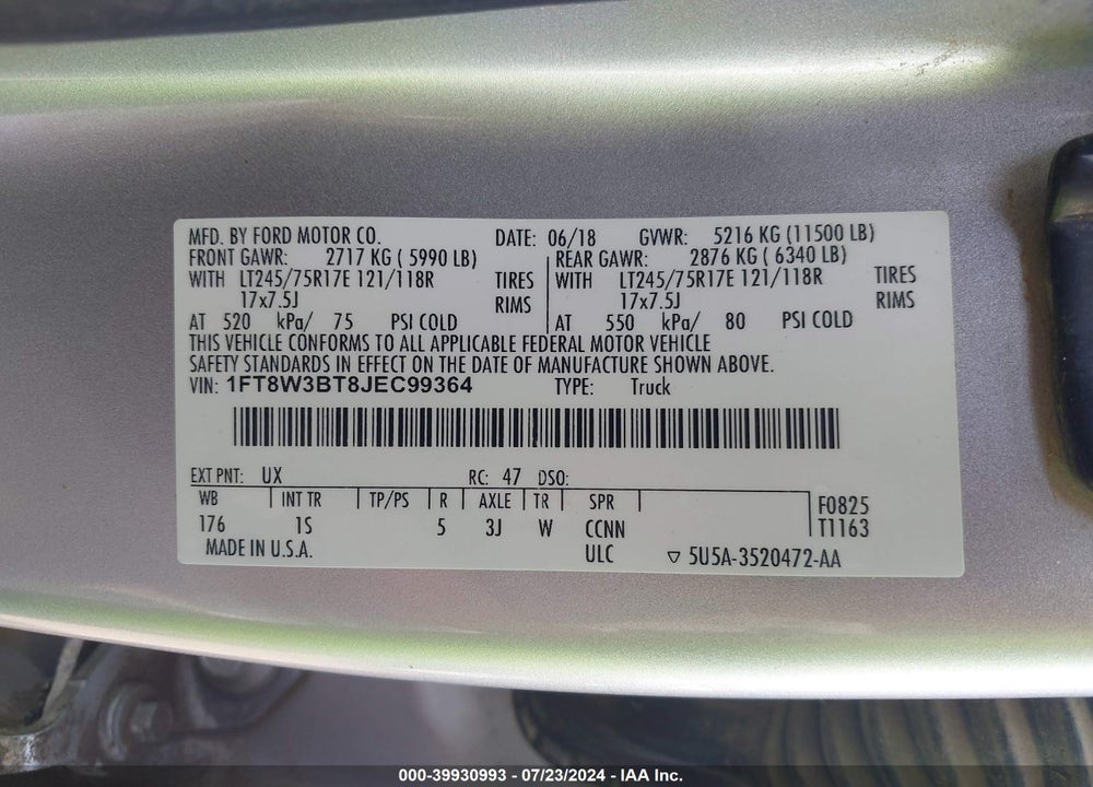 2018 FORD F-350 XL VIN: 1FT8W3BT8JEC99364