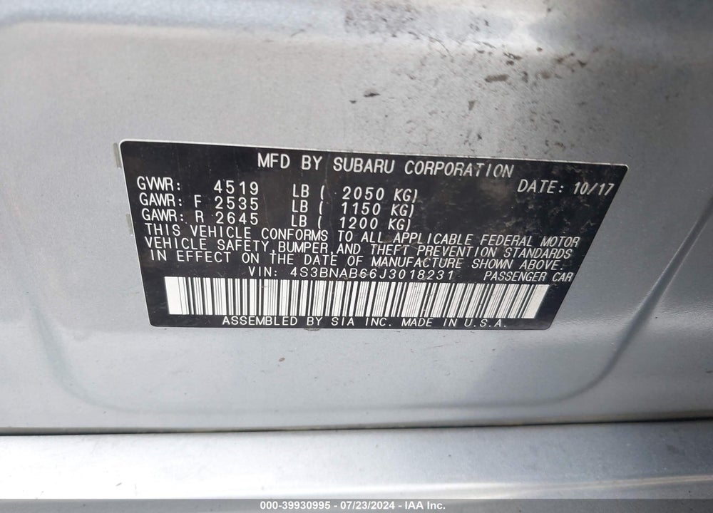 2018 SUBARU LEGACY 2.5I VIN: 4S3BNAB66J3018231