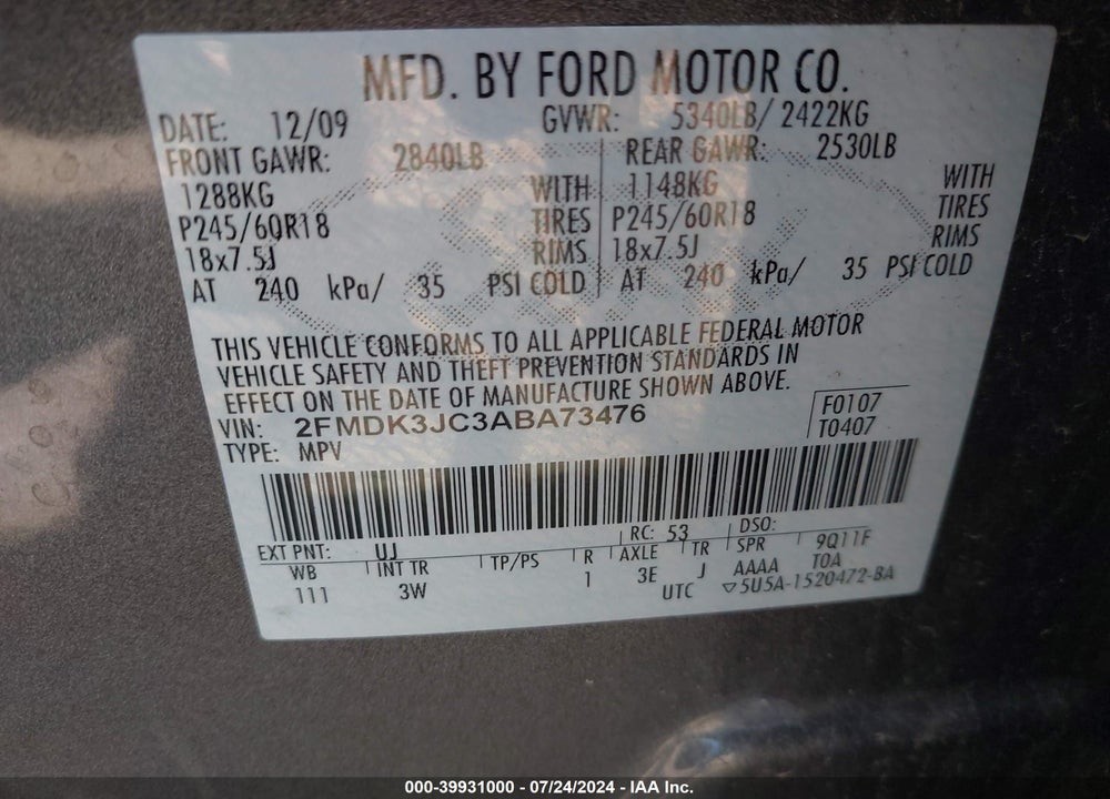 2010 FORD EDGE SEL VIN: 2FMDK3JC3ABA73476