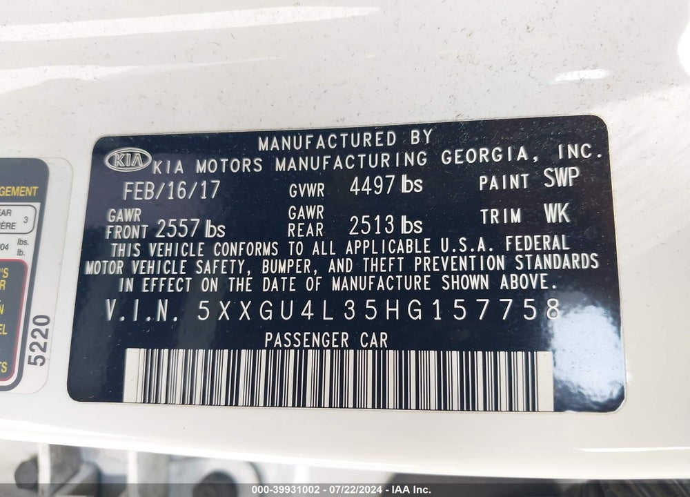 2017 KIA OPTIMA EX VIN: 5XXGU4L35HG157758