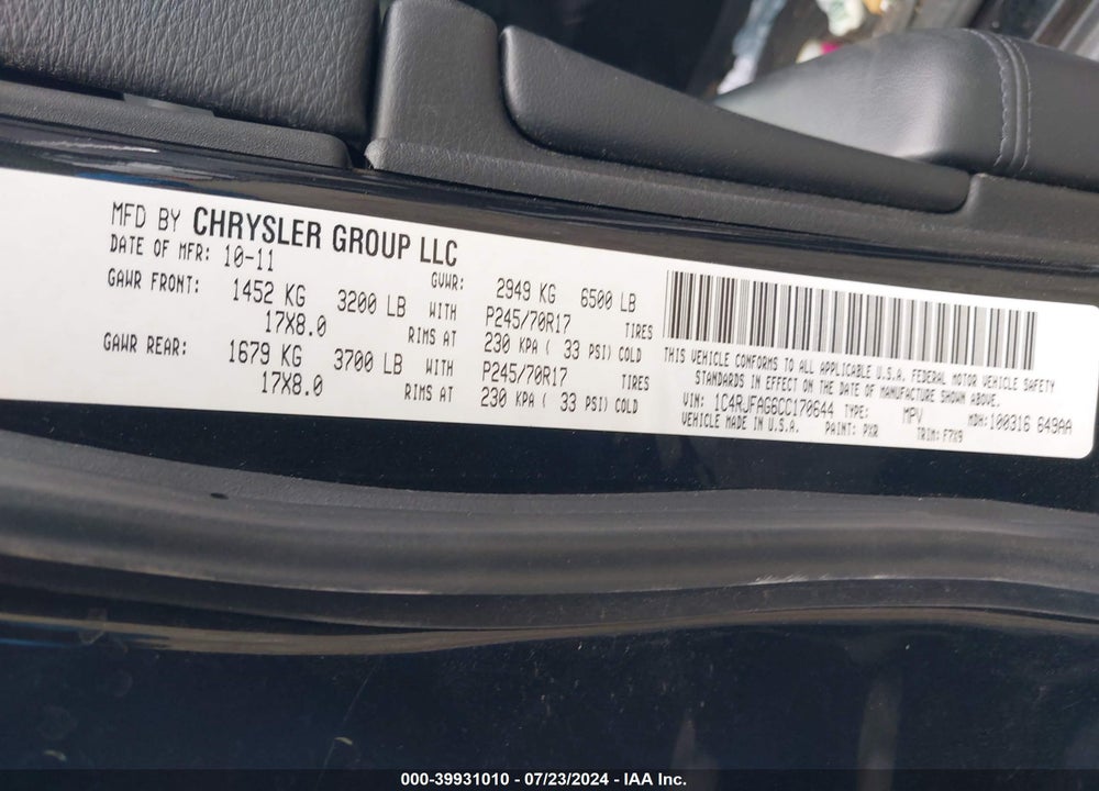 2012 JEEP GRAND CHEROKEE LAREDO VIN: 1C4RJFAG6CC170644
