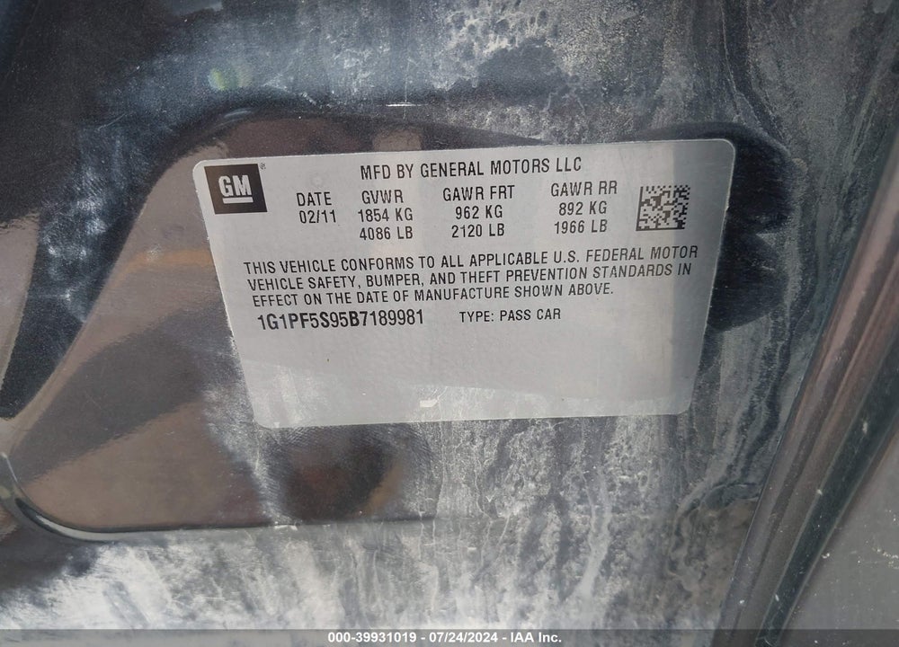 2011 CHEVROLET CRUZE 1LT VIN: 1G1PF5S95B7189981