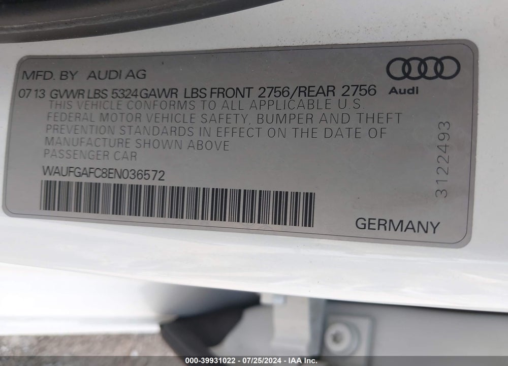 2014 AUDI A6 3.0T PREMIUM PLUS VIN: WAUFGAFC8EN036572