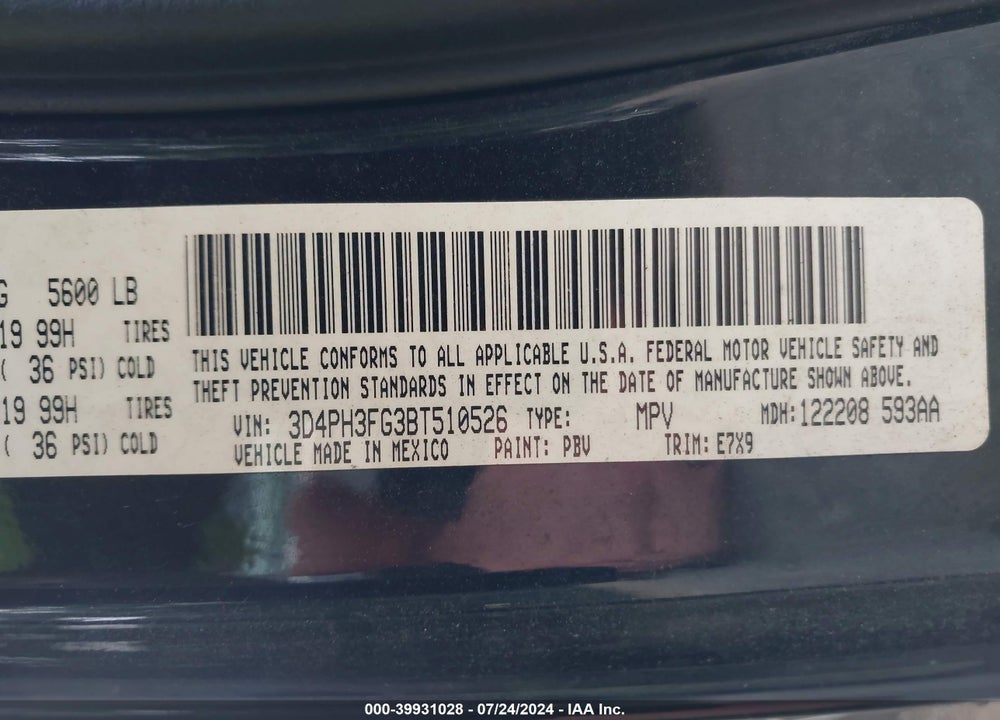 2011 DODGE JOURNEY CREW VIN: 3D4PH3FG3BT510526