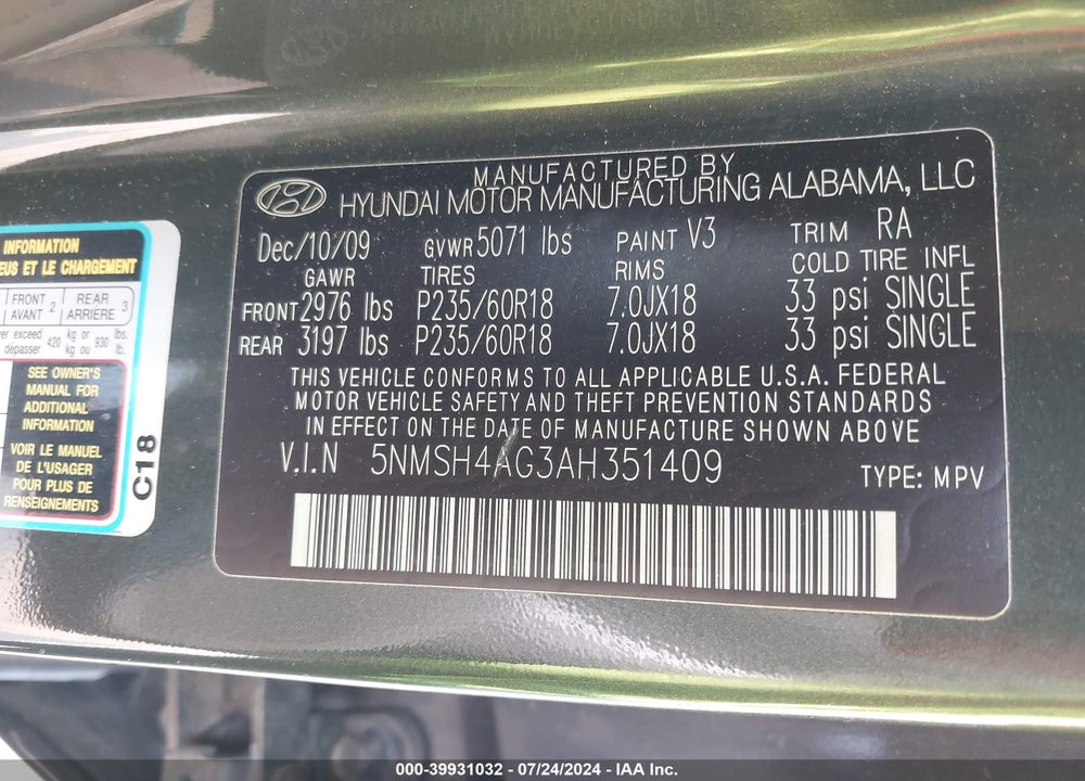 2010 HYUNDAI SANTA FE SE VIN: 5NMSH4AG3AH351409