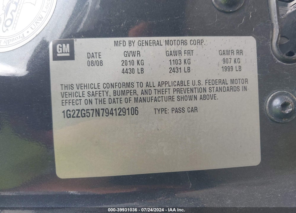 2009 PONTIAC G6 VIN: 1G2ZG57N794129106