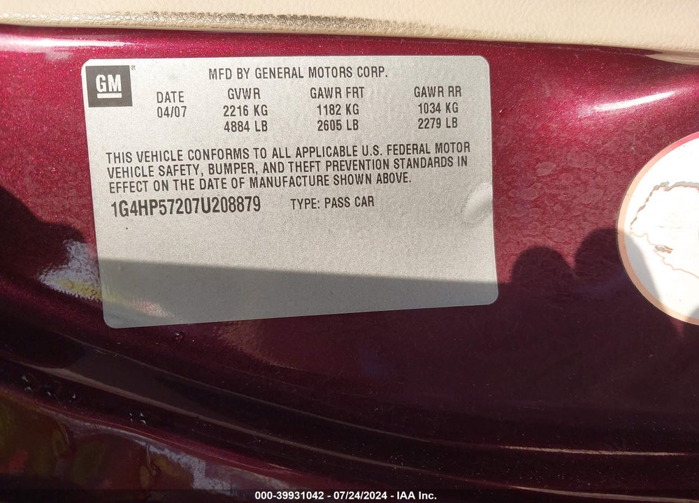 2007 BUICK LUCERNE CX VIN: 1G4HP57207U208879