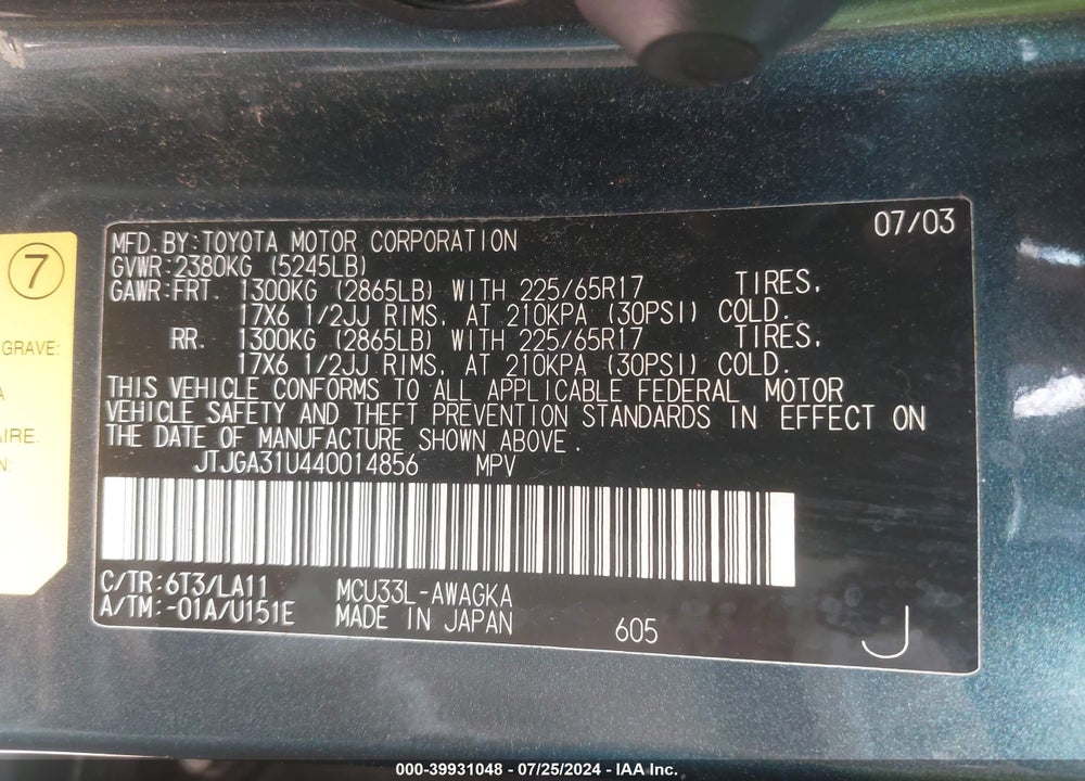 2004 LEXUS RX 330 VIN: JTJGA31U440014856