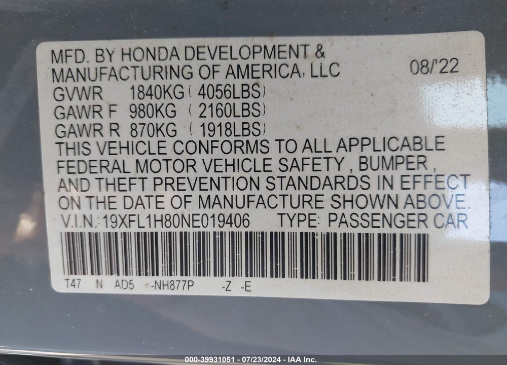 2022 HONDA CIVIC SPORT TOURING VIN: 19XFL1H80NE019406