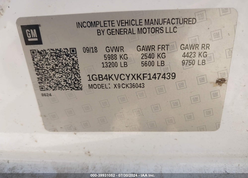 2019 CHEVROLET SILVERADO 3500HD CHASSIS WT VIN: 1GB4KVCYXKF147439