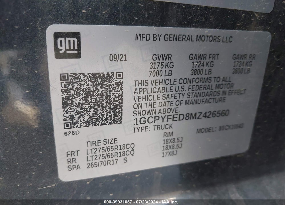 2021 CHEVROLET SILVERADO 1500 4WD SHORT BED LT TRAIL BOSS VIN: 1GCPYFED8MZ426560