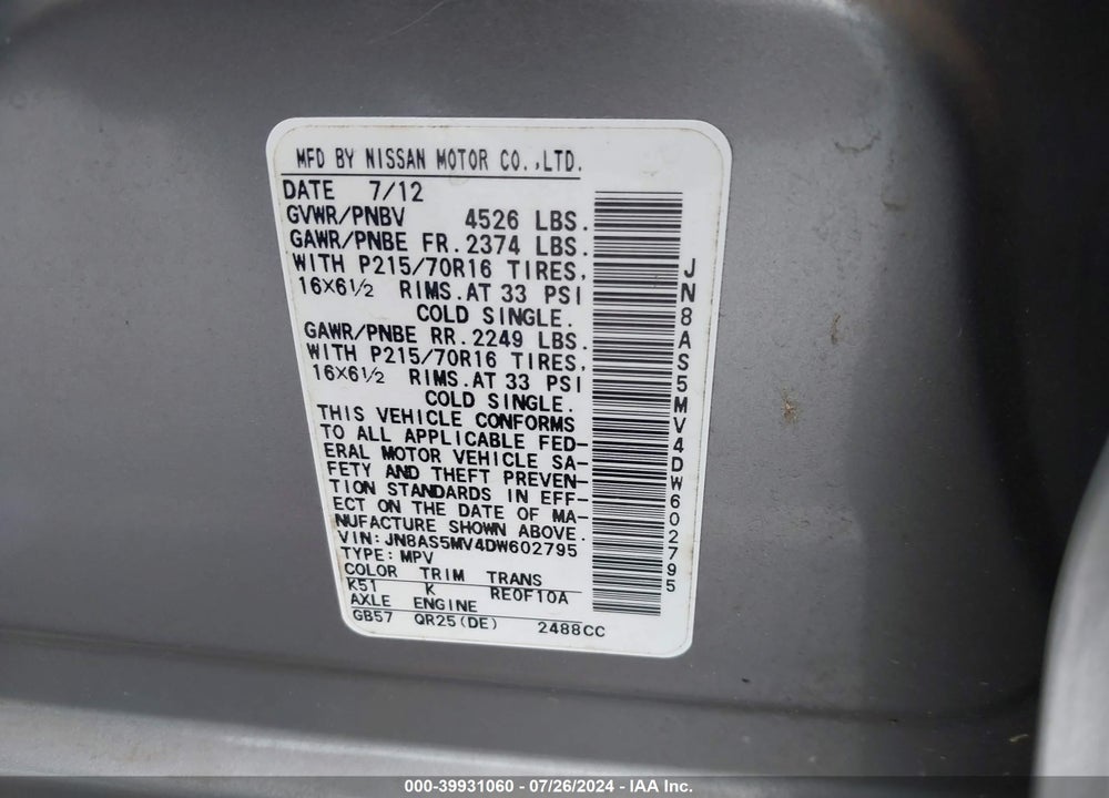 2013 NISSAN ROGUE S VIN: JN8AS5MV4DW602795