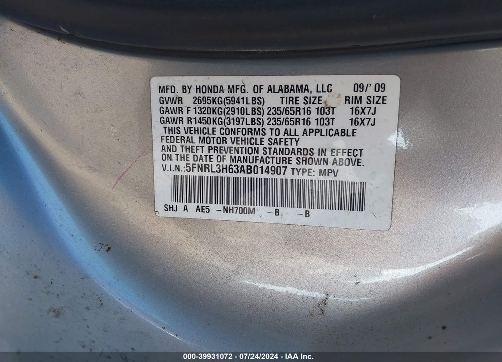 2010 HONDA ODYSSEY EX-L VIN: 5FNRL3H63AB014907