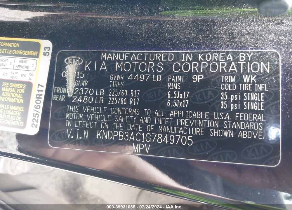 2016 KIA SPORTAGE LX VIN: KNDPB3AC1G7849705