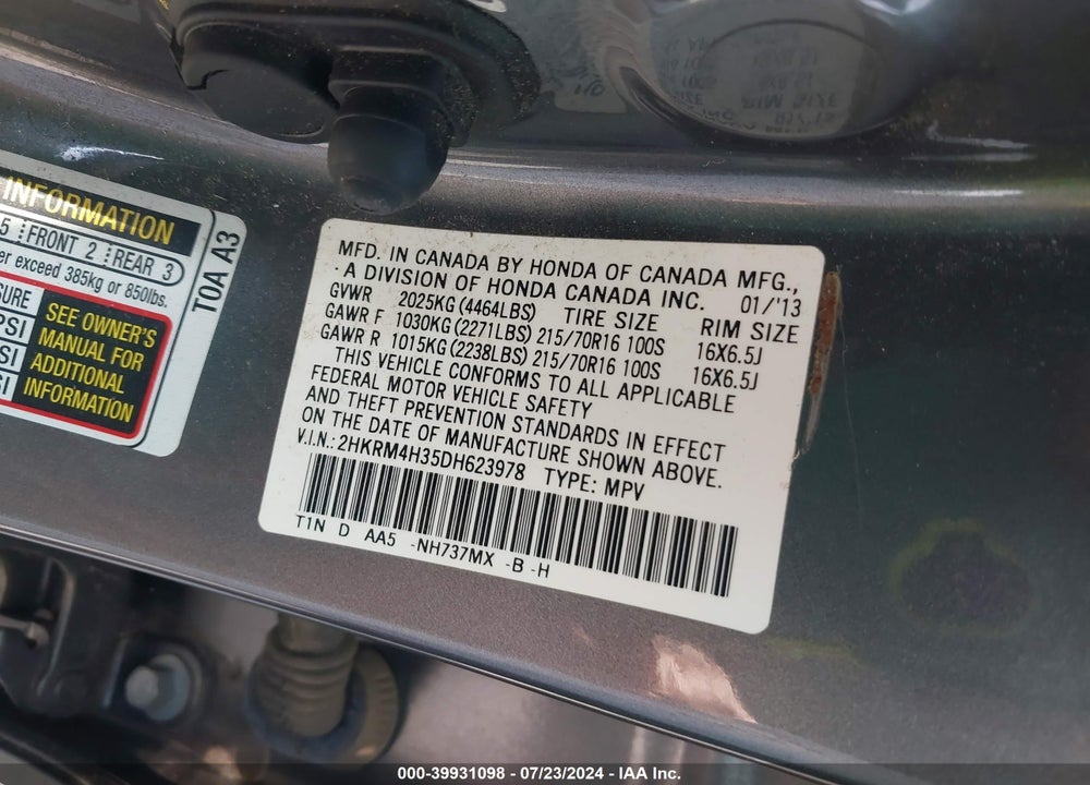 2013 HONDA CR-V LX VIN: 2HKRM4H35DH623978