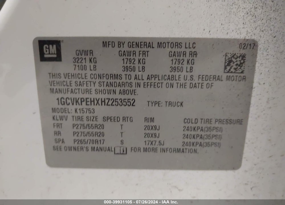 2017 CHEVROLET SILVERADO 1500 VIN: 1GCVKPEHXHZ253552