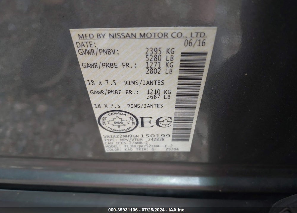 2016 NISSAN MURANO PLATINUM/S/SL/SV VIN: 5N1AZ2MH9GN150199