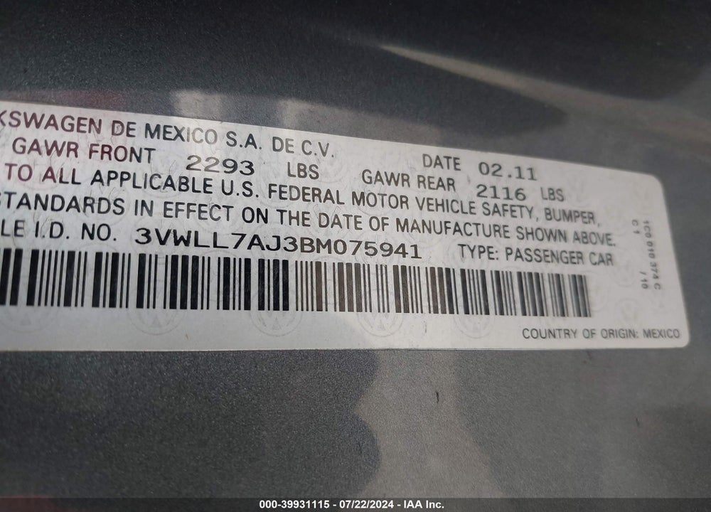 2011 VOLKSWAGEN JETTA 2.0L TDI LE VIN: 3VWLL7AJ3BM075941