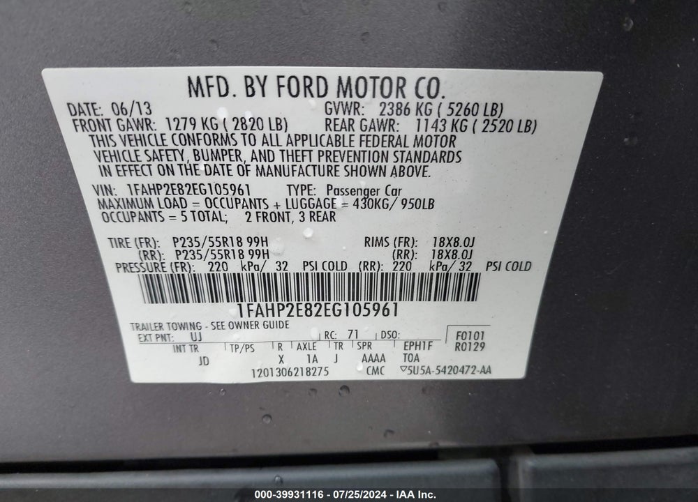 2014 FORD TAURUS SEL VIN: 1FAHP2E82EG105961
