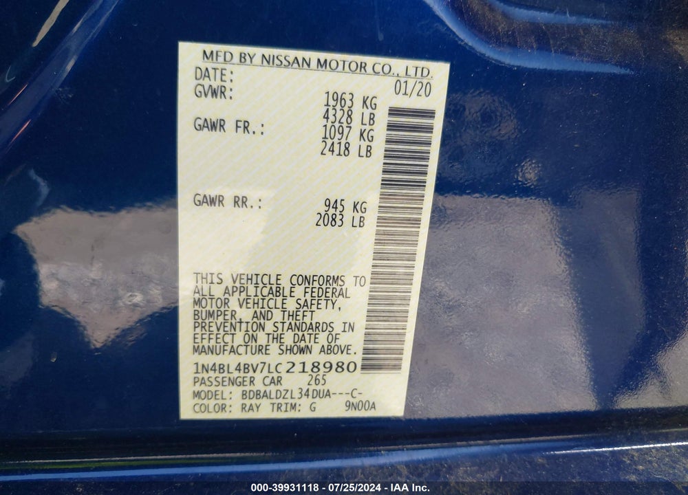 2020 NISSAN ALTIMA S FWD VIN: 1N4BL4BV7LC218980