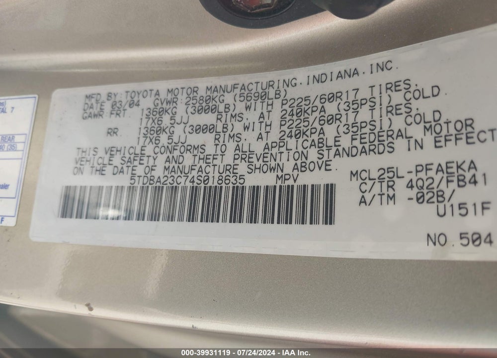 2004 TOYOTA SIENNA LE VIN: 5TDBA23C74S018635