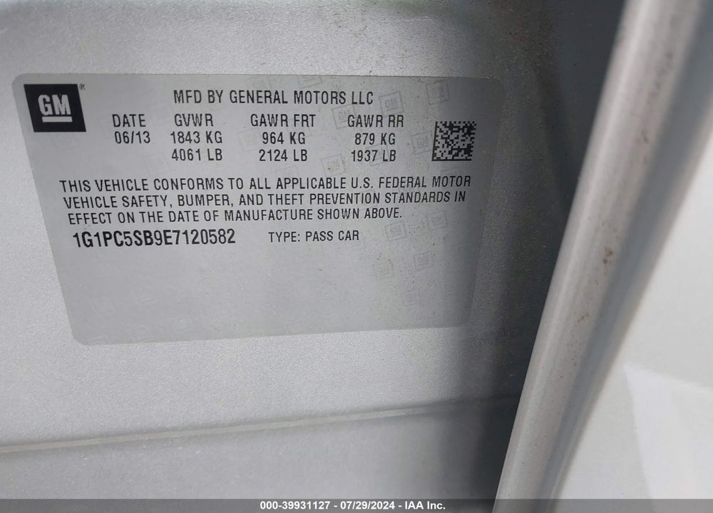 2014 CHEVROLET CRUZE 1LT AUTO VIN: 1G1PC5SB9E7120582