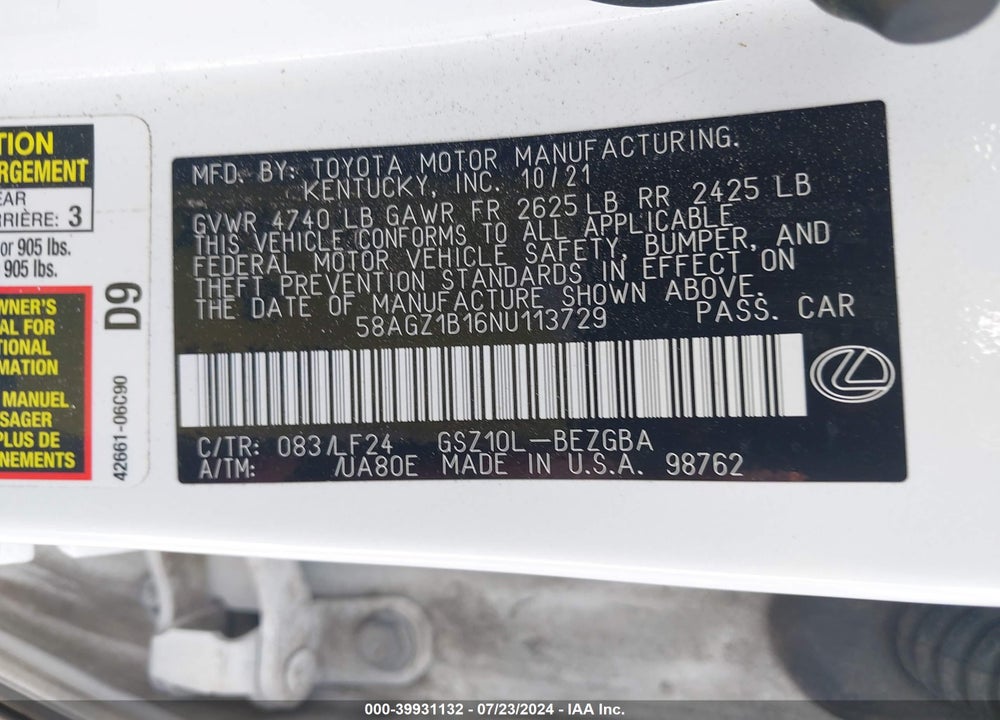 2022 LEXUS ES 350 F-SPORT VIN: 58AGZ1B16NU113729