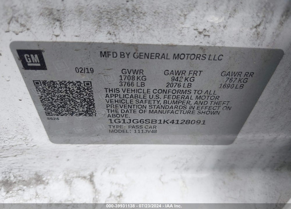 2019 CHEVROLET SONIC LT AUTO VIN: 1G1JG6SB1K4128091