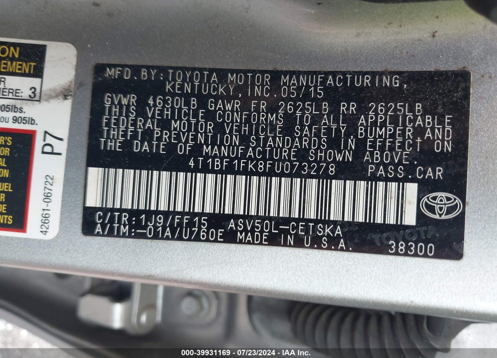 2015 TOYOTA CAMRY SE VIN: 4T1BF1FK8FU073278