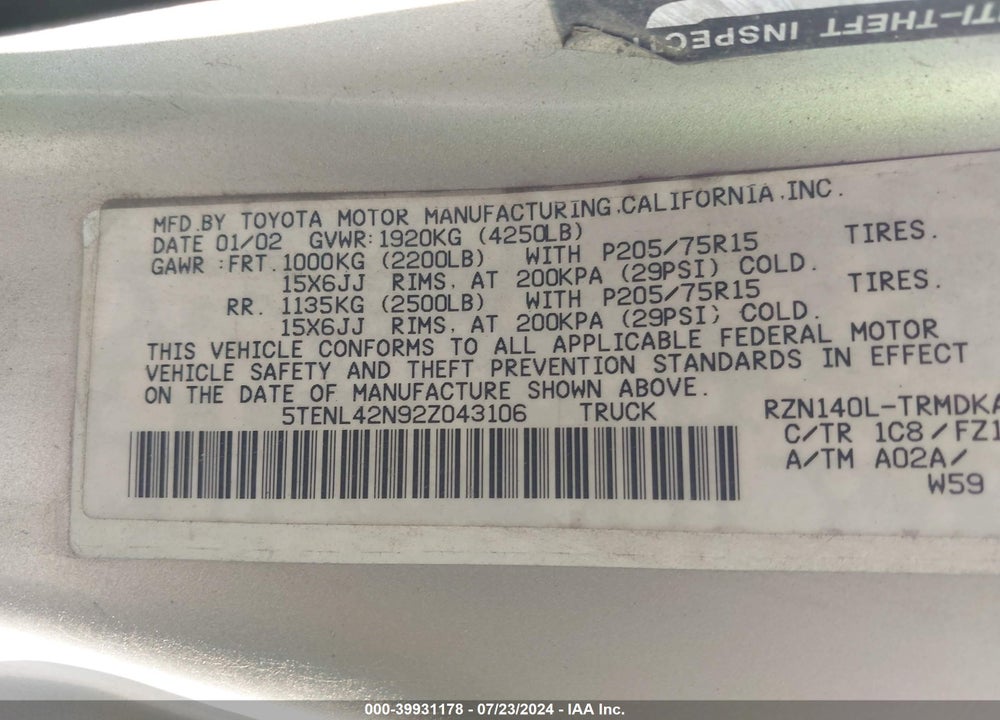 2002 TOYOTA TACOMA VIN: 5TENL42N92Z043106