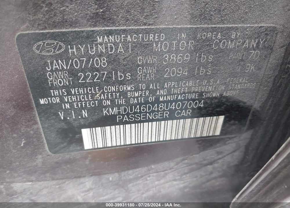 2008 HYUNDAI ELANTRA GLS/SE VIN: KMHDU46D48U407004