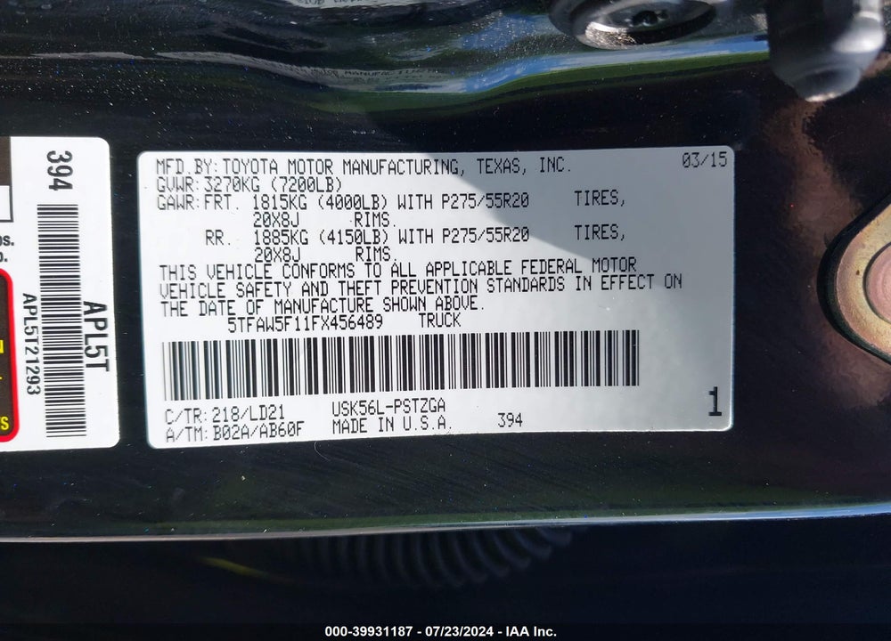 2015 TOYOTA TUNDRA 1794 5.7L V8 VIN: 5TFAW5F11FX456489