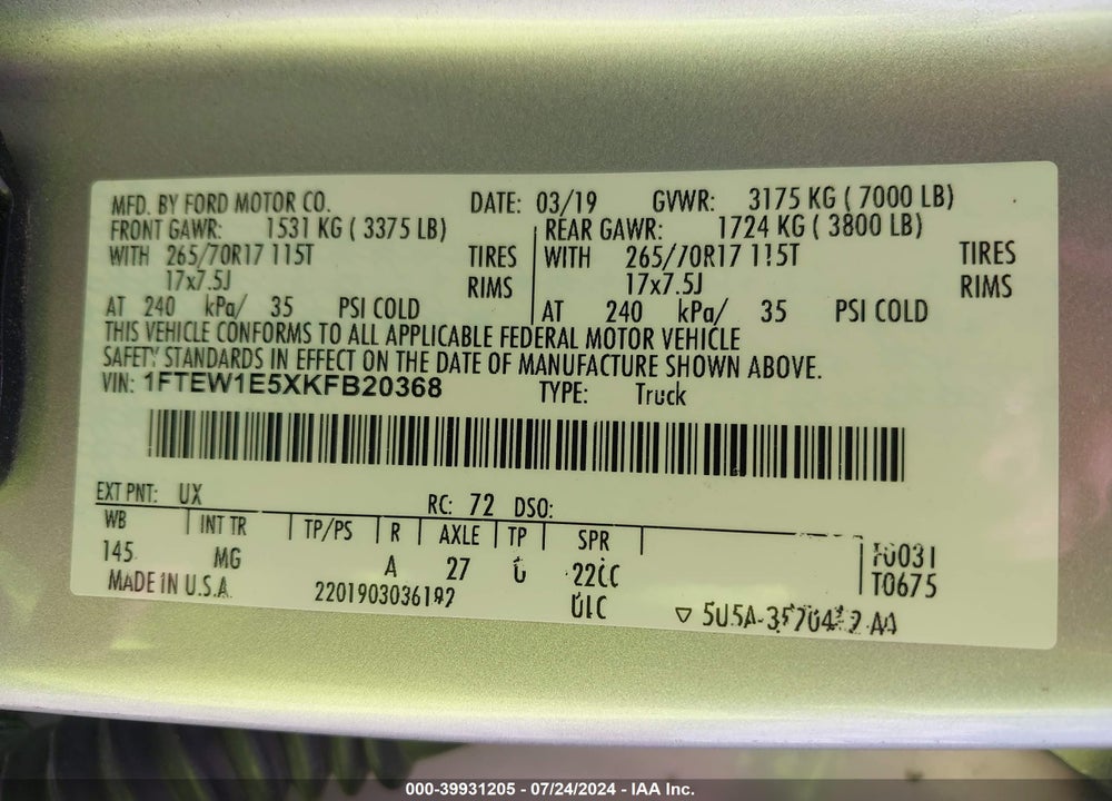 2019 FORD F-150 XLT VIN: 1FTEW1E5XKFB20368