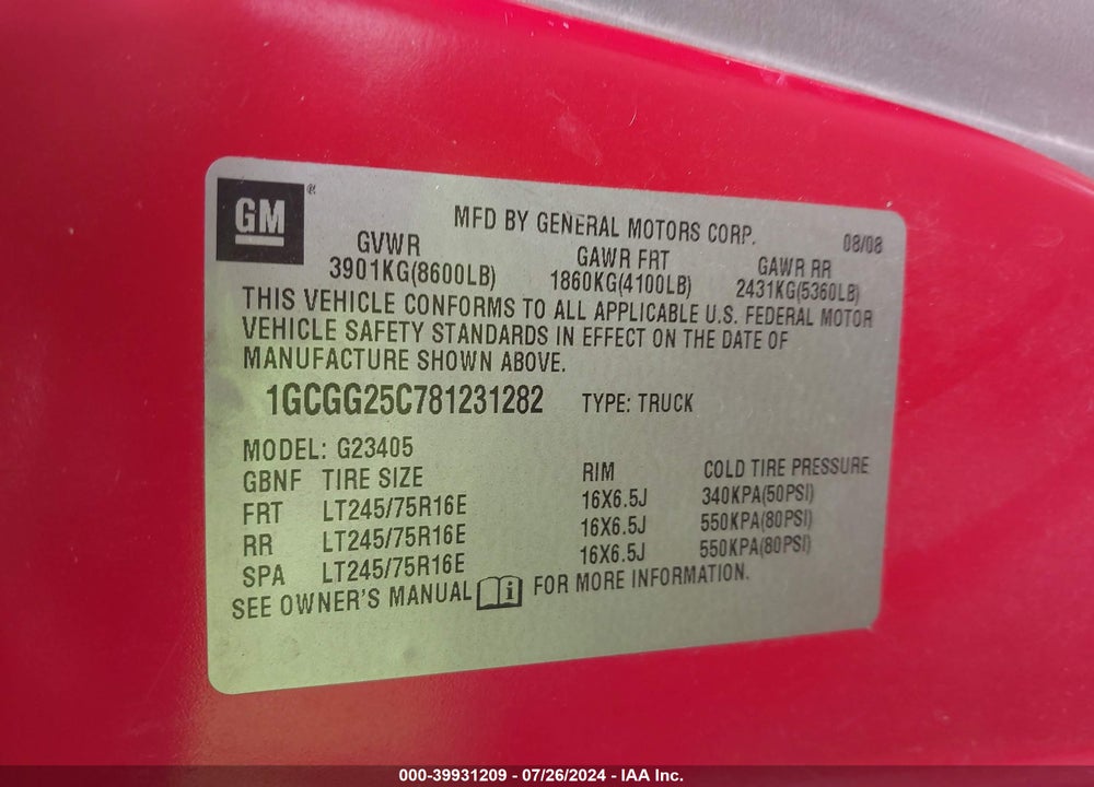 2008 CHEVROLET EXPRESS WORK VAN VIN: 1GCGG25C781231282