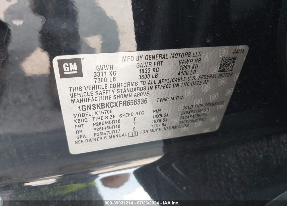 2015 CHEVROLET TAHOE LT VIN: 1GNSKBKCXFR656336