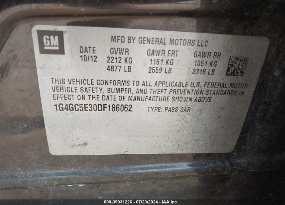 2013 BUICK LACROSSE LEATHER GROUP VIN: 1G4GC5E30DF186062