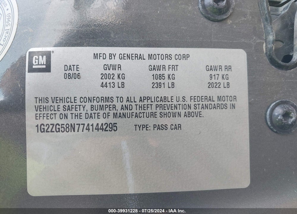 2007 PONTIAC G6 VIN: 1G2ZG58N774144295