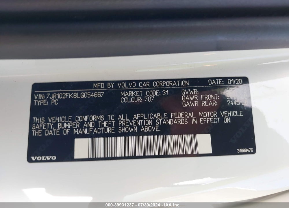 2020 VOLVO S60 T5 MOMENTUM VIN: 7JR102FK8LG054667