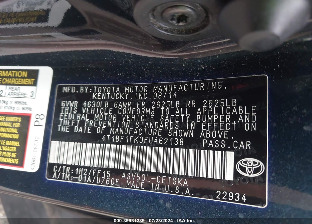 2014 TOYOTA CAMRY SE SPORT VIN: 4T1BF1FK0EU462138