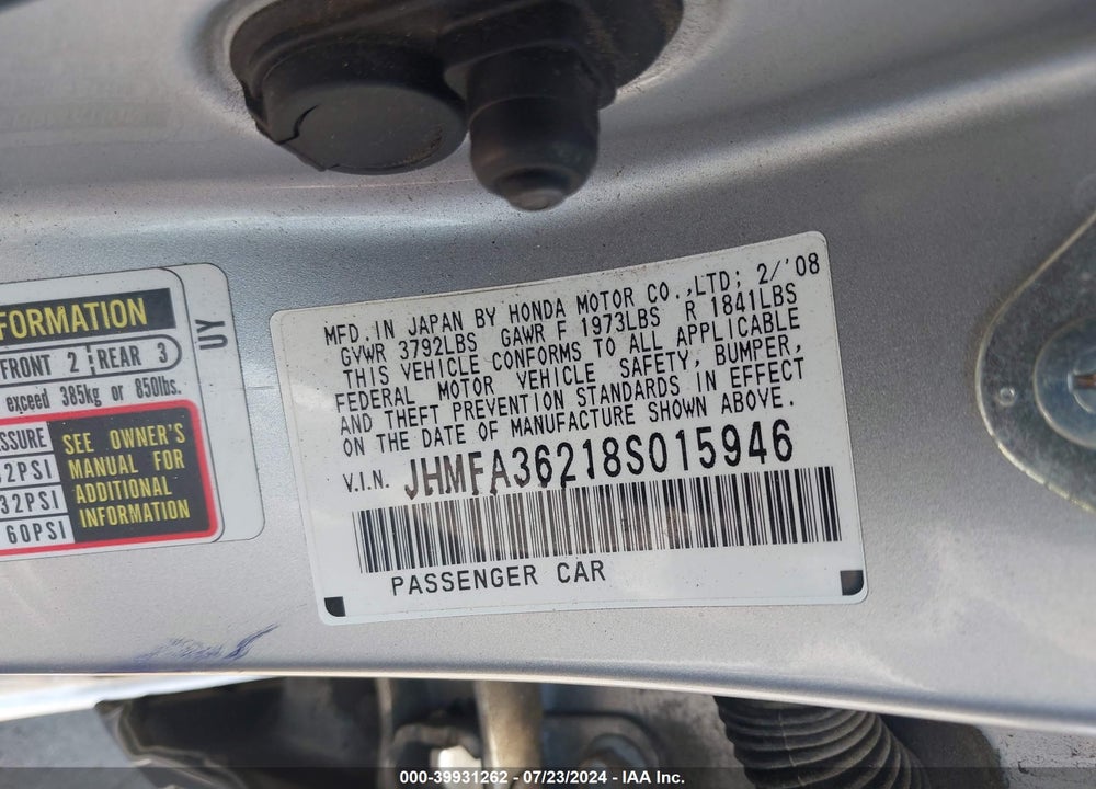 2008 HONDA CIVIC HYBRID VIN: JHMFA36218S015946