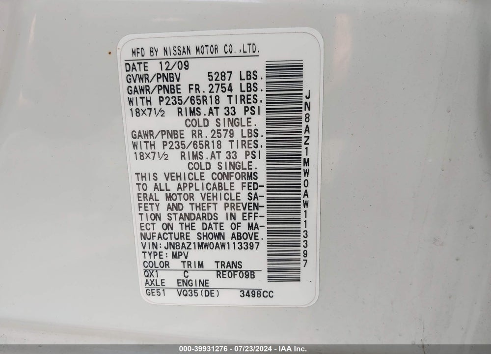 2010 NISSAN MURANO SL VIN: JN8AZ1MW0AW113397