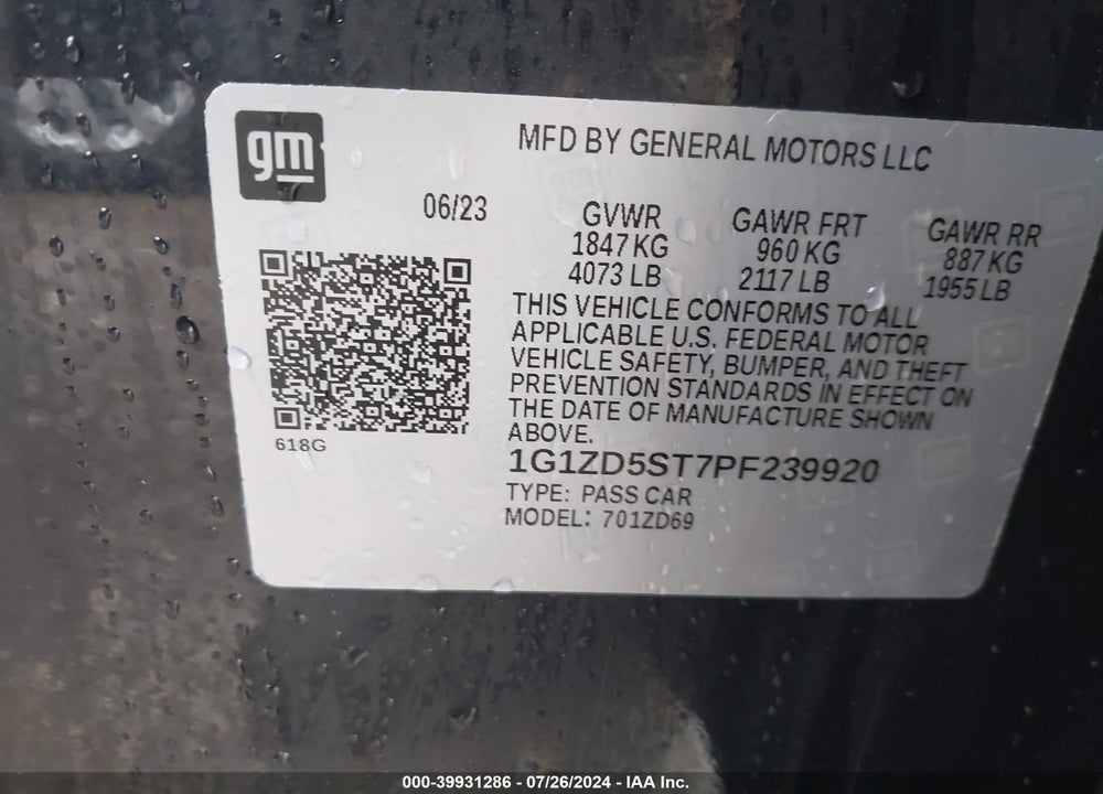 2023 CHEVROLET MALIBU FWD 1LT VIN: 1G1ZD5ST7PF239920