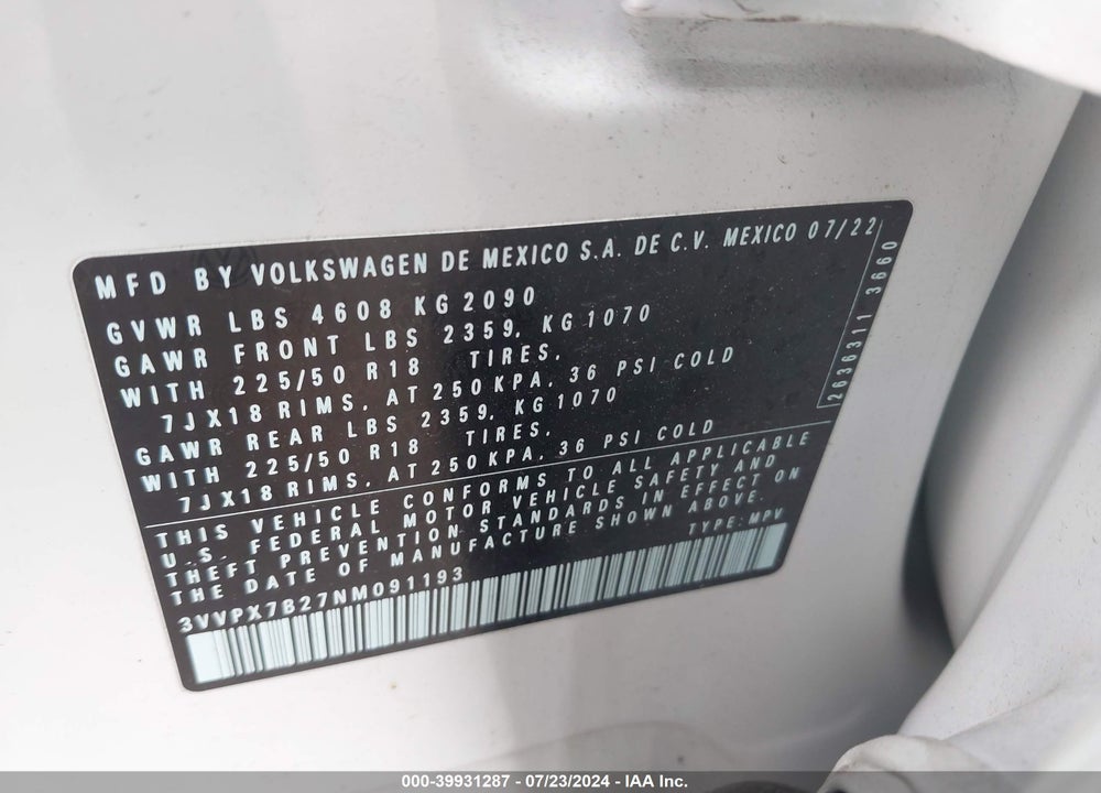 2022 VOLKSWAGEN TAOS 1.5T SE VIN: 3VVPX7B27NM091193