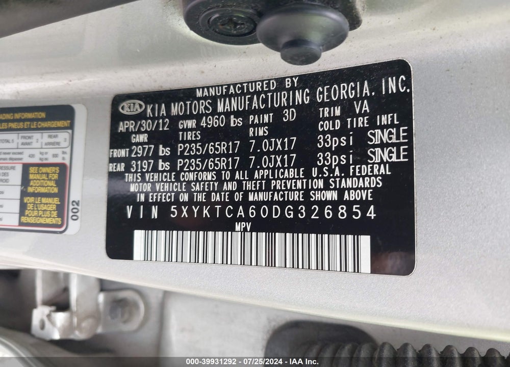 2013 KIA SORENTO LX VIN: 5XYKTCA60DG326854