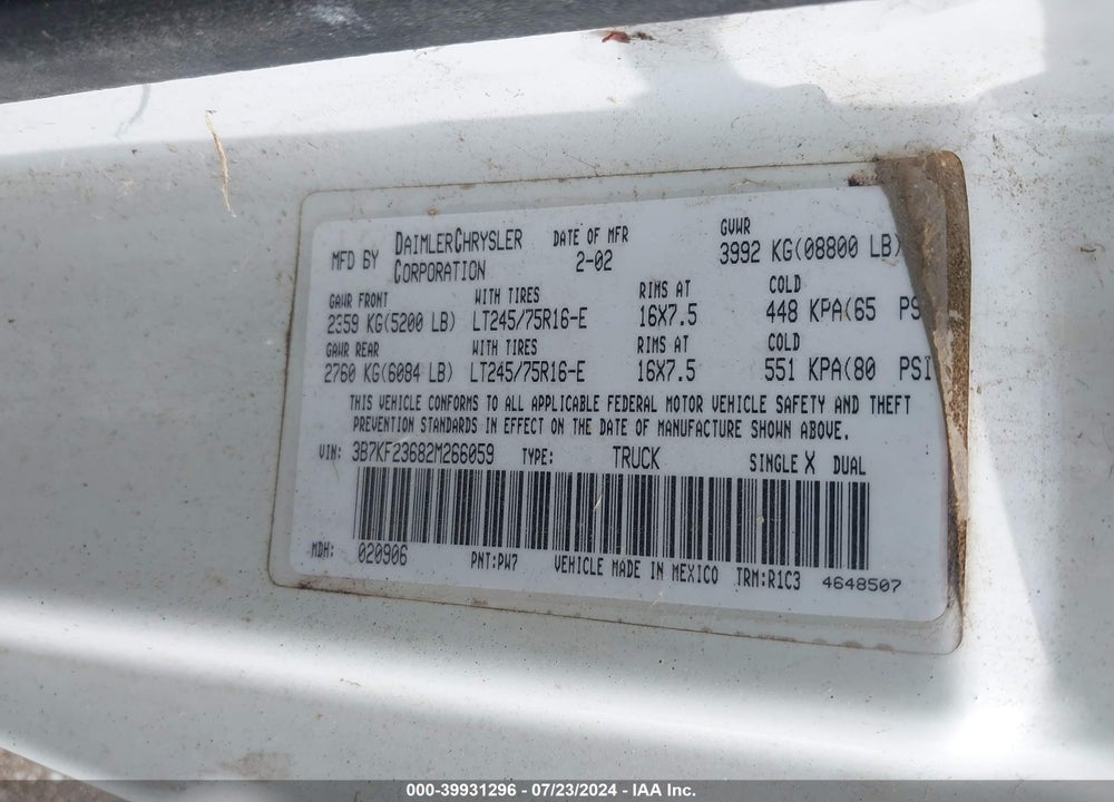 2002 DODGE RAM 2500 ST VIN: 3B7KF23682M266059