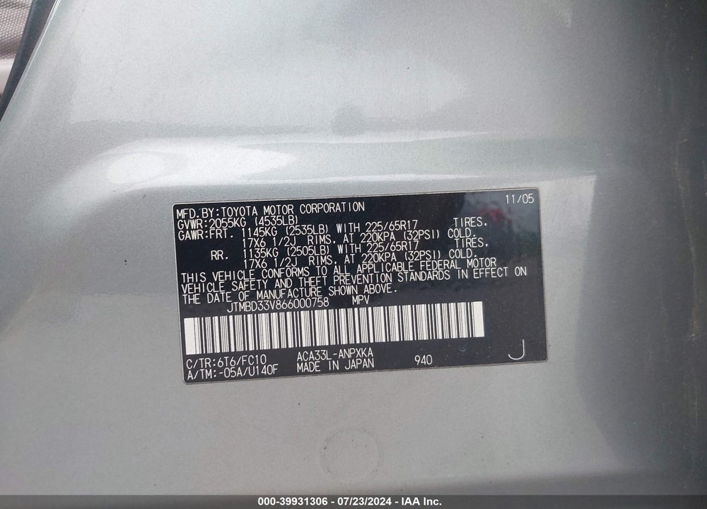 2006 TOYOTA RAV4 VIN: JTMBD33V866000758